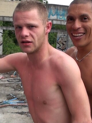 Sexy gay dudes Martin Claus and Rod Malek bang doggystyle outdoors