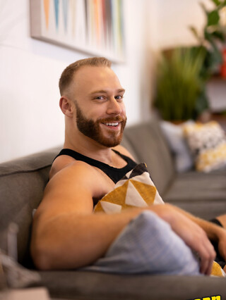 Sexy muscular gay dudes Brysen and Brogan ride each other&#39;s dick on a couch