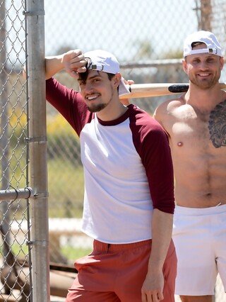 Sexy gay friends Blain OConnor and Collin Merp pose naked before hardcore sex