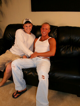 Blonde twink Riley deepthroats and blows brunette stud Denny's hard dick