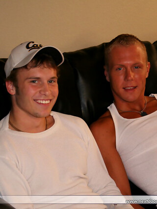 Blonde twink Riley deepthroats and blows brunette stud Denny's hard dick