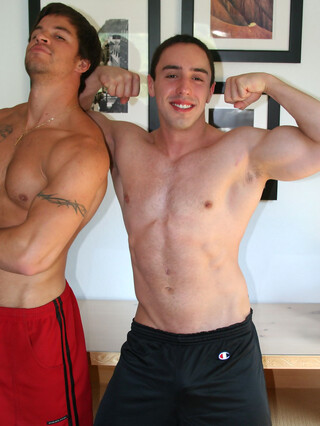 Naked students Brodie & Stewart compare their fat dicks and pose together